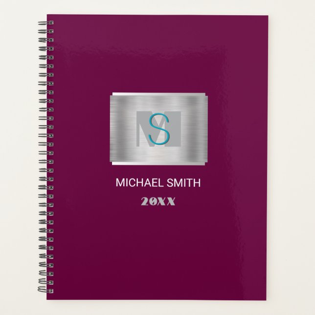 Teal & Grey Monogram White Name Year Silver/Maroon Planner (Front)