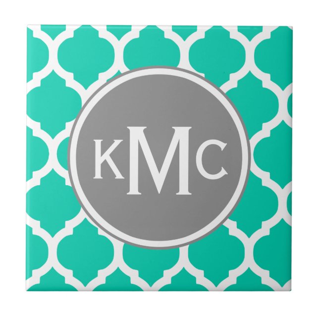 Teal Grey Moroccan Lattice Ceramic Tile (Front)