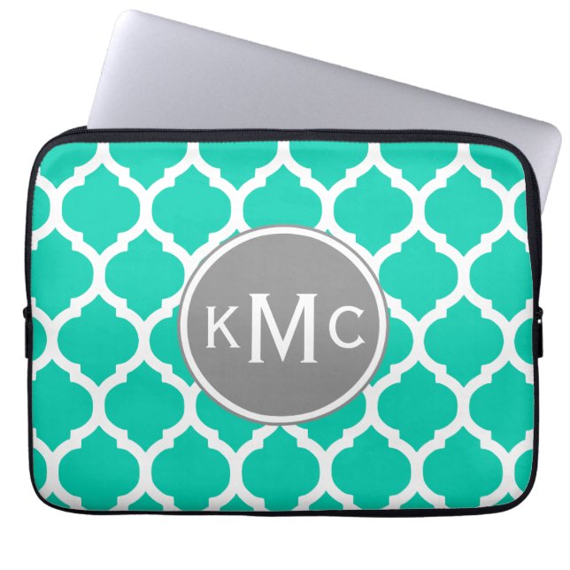 Teal Grey Moroccan Lattice Laptop Sleeve (Front)