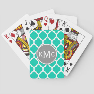 Teal Grey Moroccan Lattice Playing Cards
