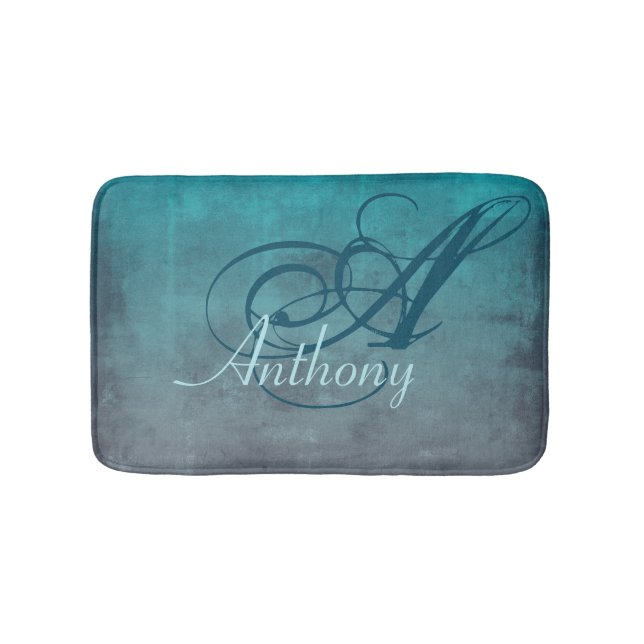 Teal Grey Rustic Abstract Name Monogram Bath Mat (Front)