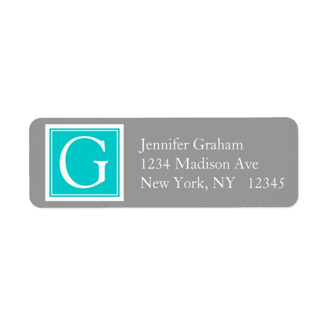 Teal Grey Simple Modern Monogram Return Address Label (Front)