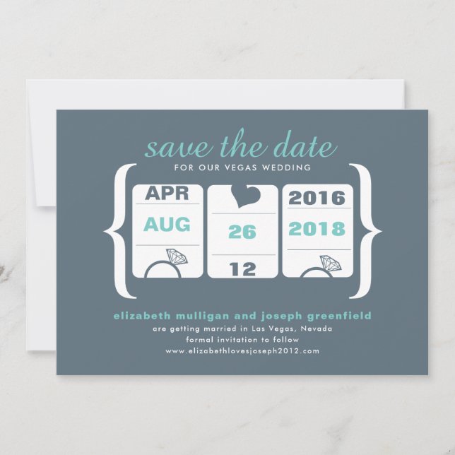 Teal Grey Slot Machine Wedding Save the Date (Front)