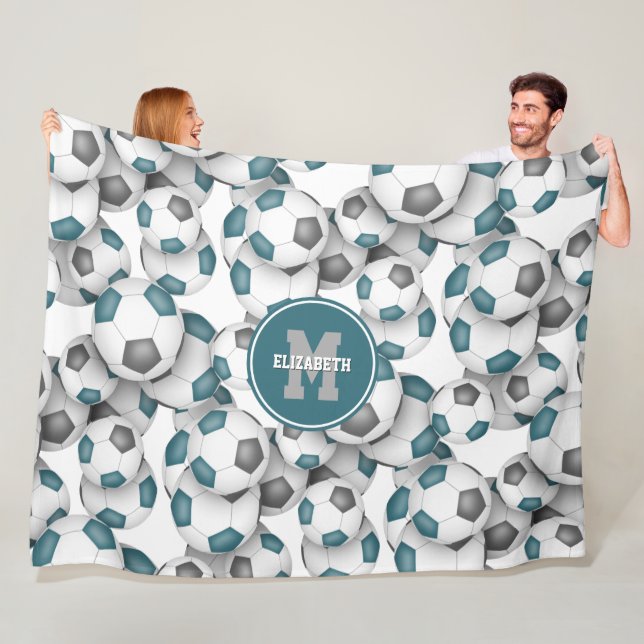teal grey soccer balls pattern monogrammed fleece blanket (In Situ)
