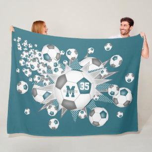 teal grey soccer balls stars girls sports decor fleece blanket