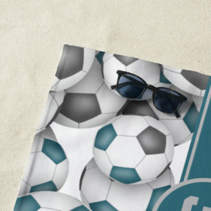 Teal grey soccer pattern custom kids jersey number beach towel