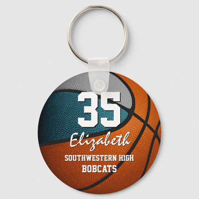 Teal grey team colours girls boys basketball key ring (Front)