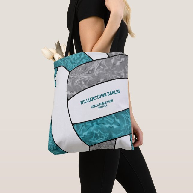 teal grey team colours girls volleyball coach tote bag (Close Up)