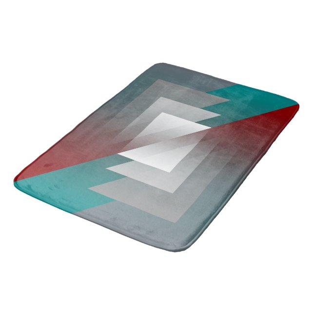 Teal grey triangles on burgundy bath mat (Angled)