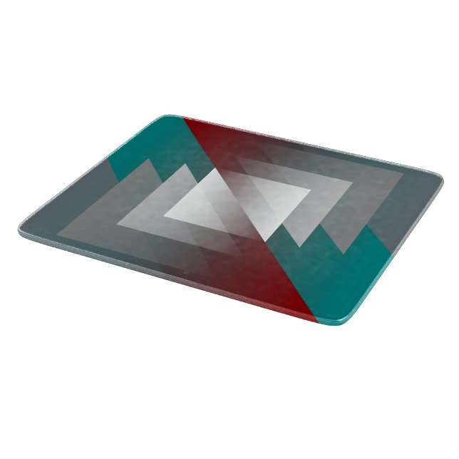 Teal grey triangles on burgundy cutting board (Corner)