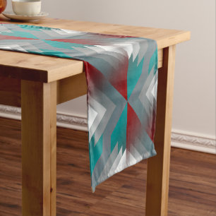 Teal grey triangles on burgundy long table runner