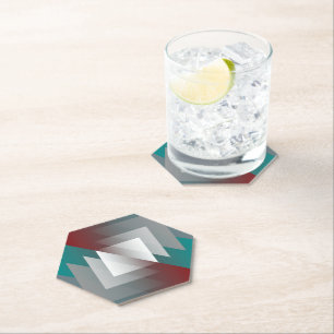 Teal grey triangles on burgundy paper coaster