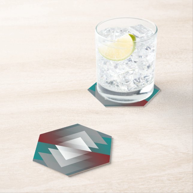 Teal grey triangles on burgundy paper coaster (Insitu)