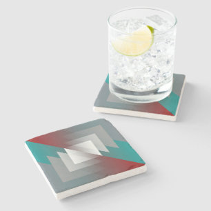 Teal grey triangles on burgundy stone coaster