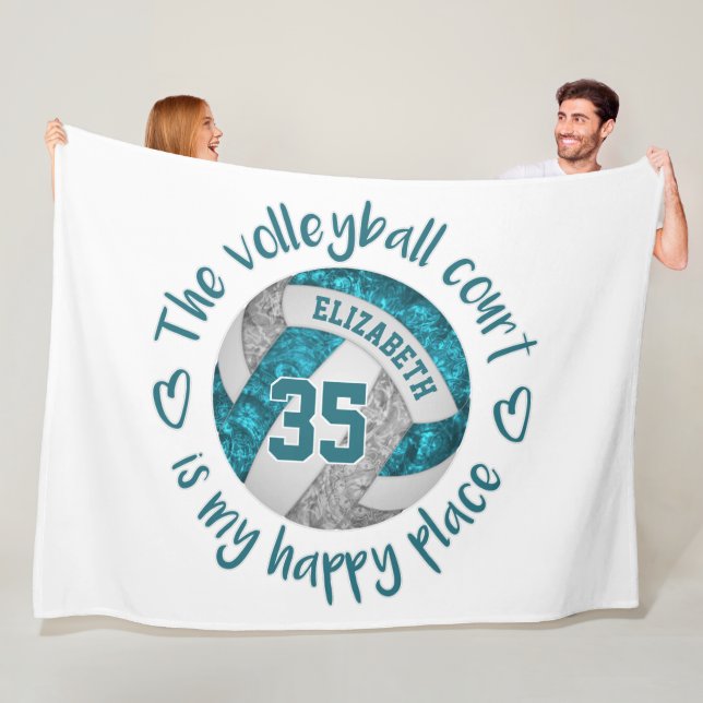 teal grey volleyball court happy place custom fleece blanket (In Situ)