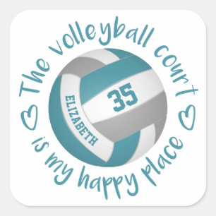 teal grey volleyball girly happy place typography square sticker
