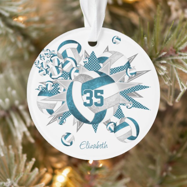 teal grey volleyballs stars girls name keepsake ornament (Tree)