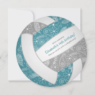 teal grey w floral doodles volley girl birthday announcement