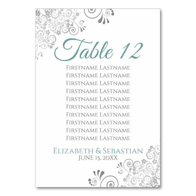 Teal & Grey Wedding Table Number Seating Chart (Front)