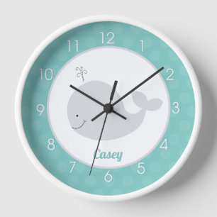 Teal Grey Whale Baby Nursery Nautical Kids Wall Clock