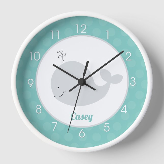 Teal Grey Whale Baby Nursery Nautical Kids Wall  Clock (Front)