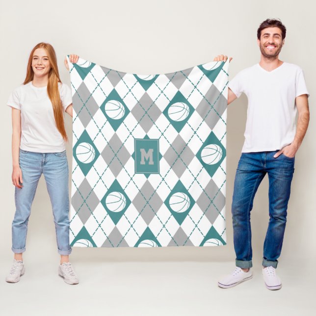 teal grey white basketball team colours argyle fleece blanket (In Situ)