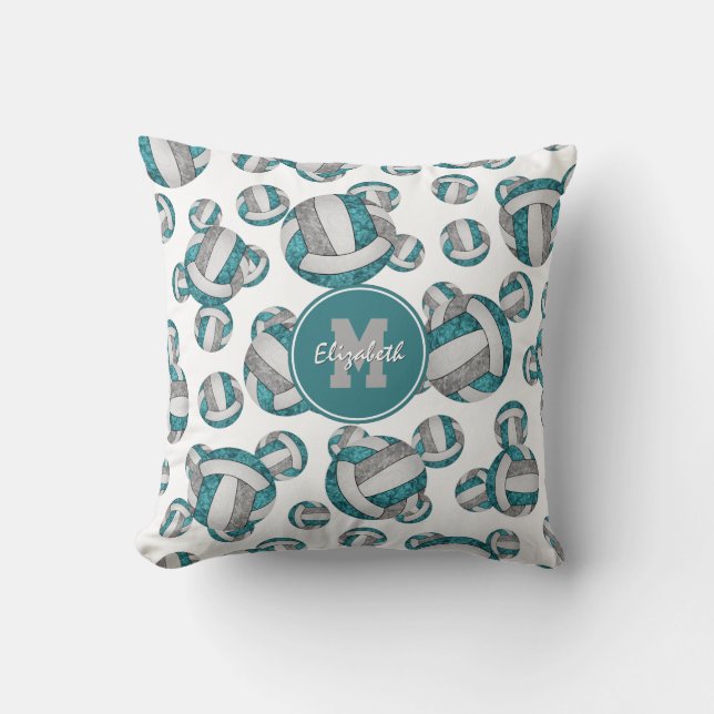 teal grey white girly volleyballs pattern cushion (Front)