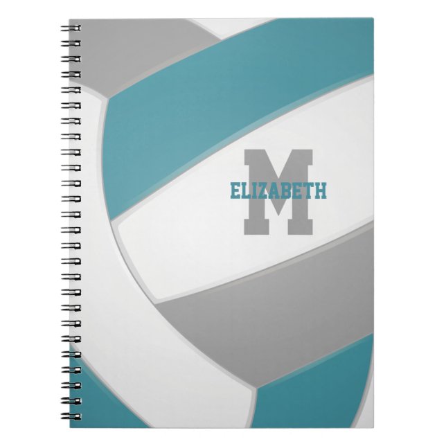 teal grey white personalised volleyball  notebook (Front)