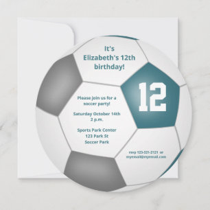 teal grey white soccer themed birthday party announcement