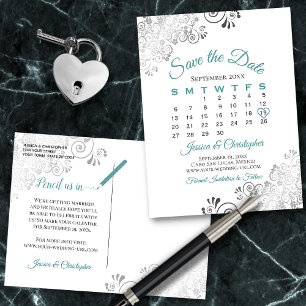 Teal, Grey & White Wedding Save the Date Calendar Announcement Postcard