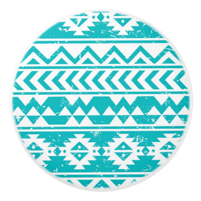 Teal Grunge Aztec Tribal Pattern Ceramic Knob (Front)