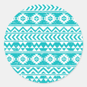 Teal Grunge Aztec Tribal Pattern Classic Round Sticker
