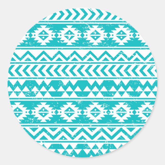 Teal Grunge Aztec Tribal Pattern Classic Round Sticker (Front)