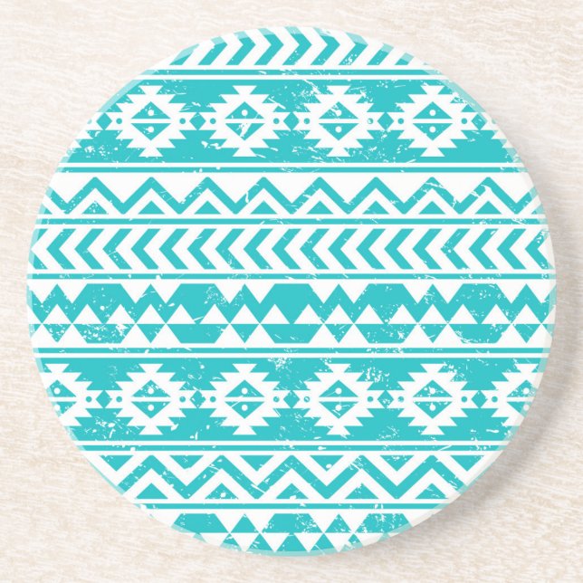 Teal Grunge Aztec Tribal Pattern Coaster (Front)
