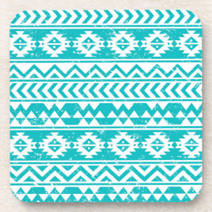 Teal Grunge Aztec Tribal Pattern Coaster