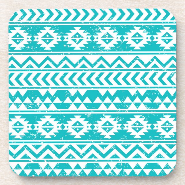 Teal Grunge Aztec Tribal Pattern Coaster (Front)