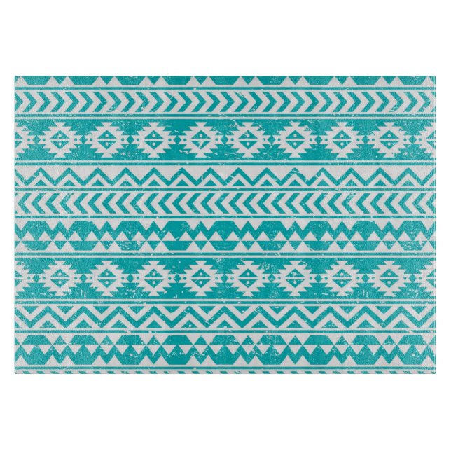 Teal Grunge Aztec Tribal Pattern Cutting Board (Front)