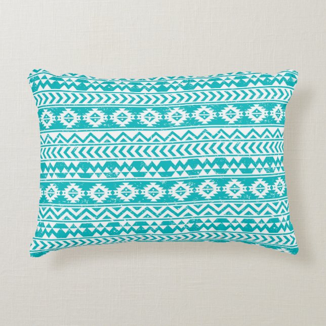 Teal Grunge Aztec Tribal Pattern Decorative Cushion (Front)