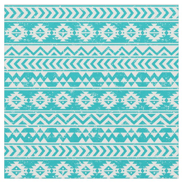 Teal Grunge Aztec Tribal Pattern Fabric (Close Up)