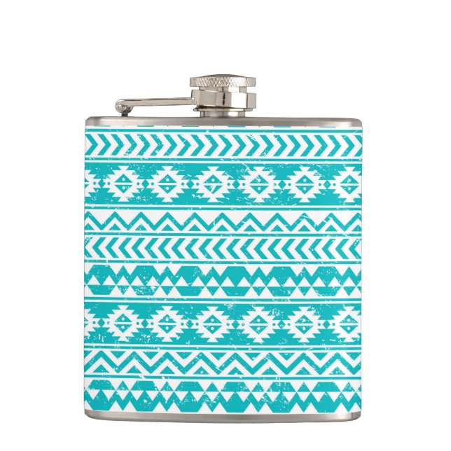 Teal Grunge Aztec Tribal Pattern Hip Flask (Front)