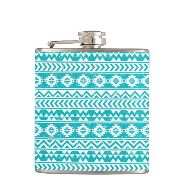 Teal Grunge Aztec Tribal Pattern Hip Flask (Front)