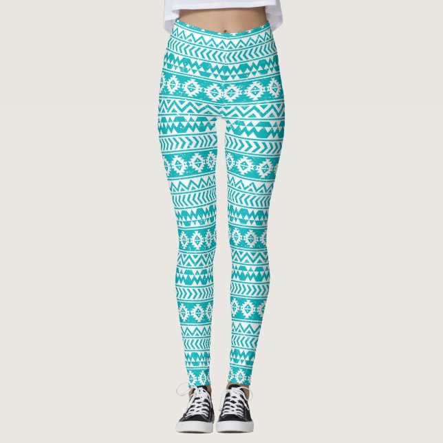 Teal Grunge Aztec Tribal Pattern Leggings (Front)