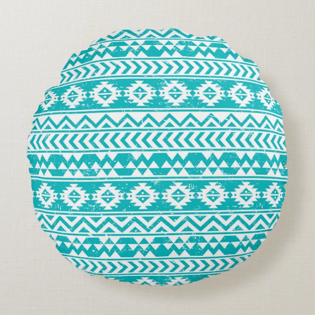 Teal Grunge Aztec Tribal Pattern Round Cushion (Front)