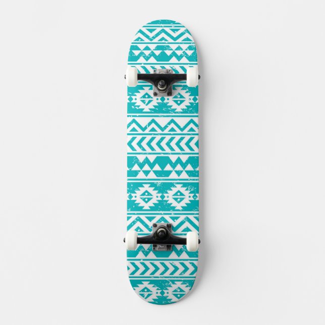 Teal Grunge Aztec Tribal Pattern Skateboard (Front)