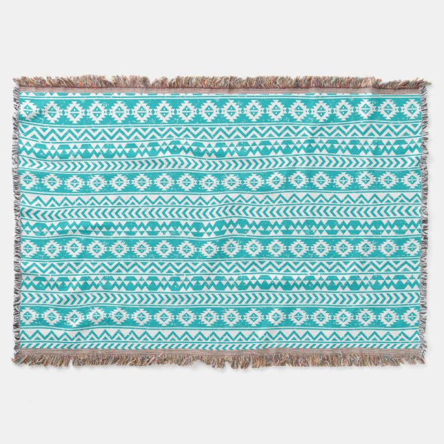 Teal Grunge Aztec Tribal Pattern Throw Blanket (Front)