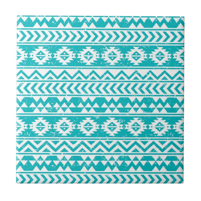 Teal Grunge Aztec Tribal Pattern Tile (Front)