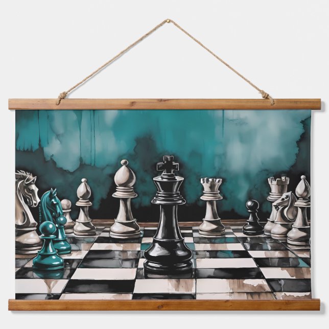 Teal Grunge Chess Board Watercolor Art Hanging Tapestry (Front)