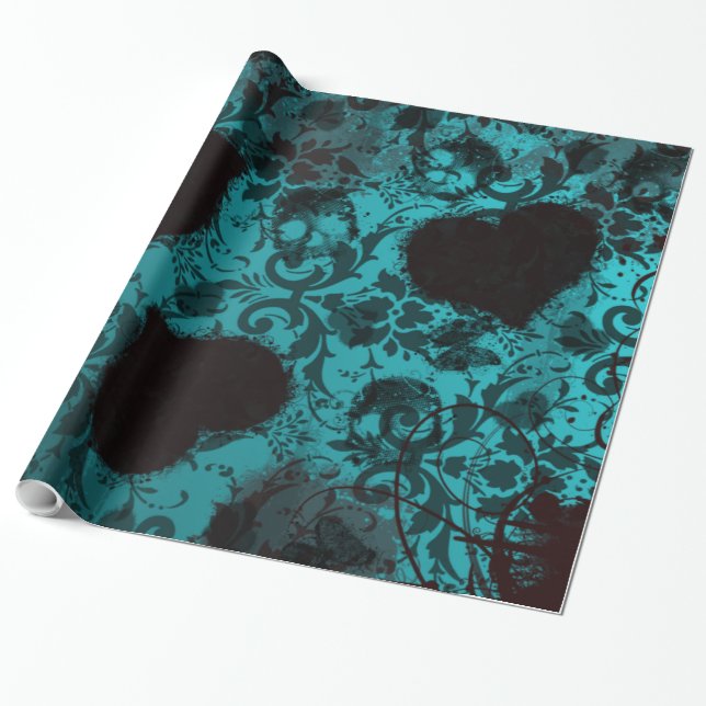 Teal Grunge Damask Valentine Wrapping Paper (Unrolled)
