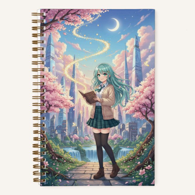 Teal Hair Anime Girl & Magic Storybook Journal (Front)