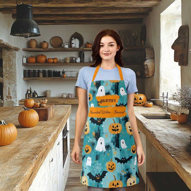 Teal Halloween with Ghosts, Pumpkins, and Bats Apron (Creator Uploaded)
